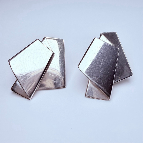 Modernist Artisan Origami Geometric Folding Sterling Silver 925 Vintage Earrings